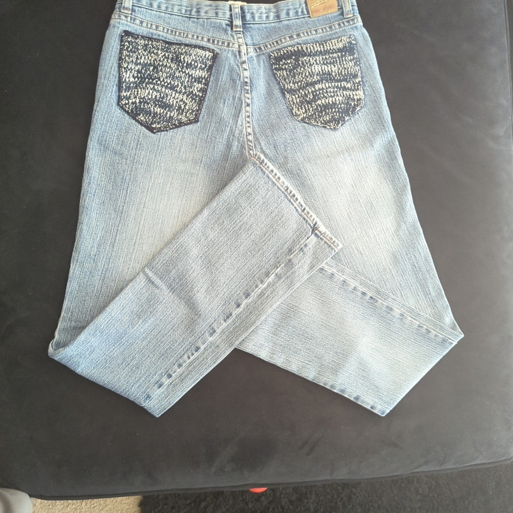 Vintage Lady Encye Size 28 Jeans Boot Cut Blue Denim with Embroidered Pockets